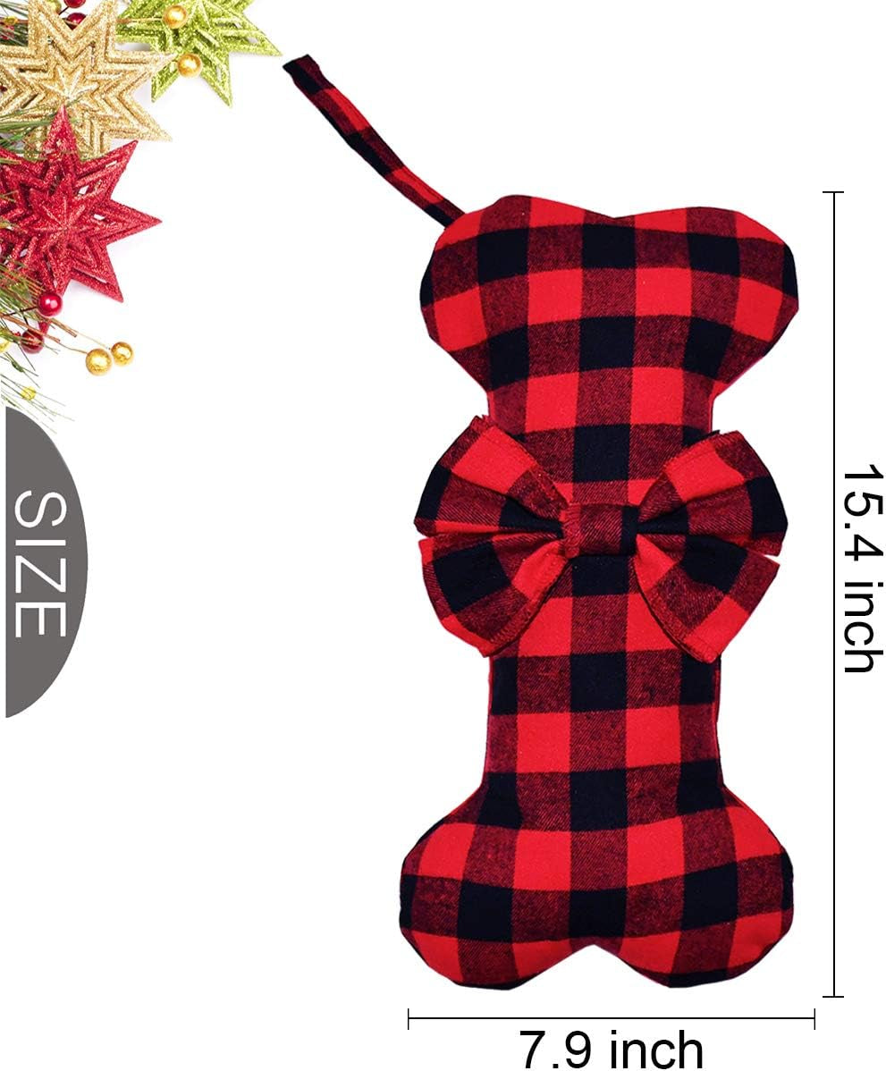 2 Pack Pet Dog Christmas Stockings Classic Buffalo Red Black Plaid Large Bone Shape Hanging Christmas Stocking for Dogs Pets