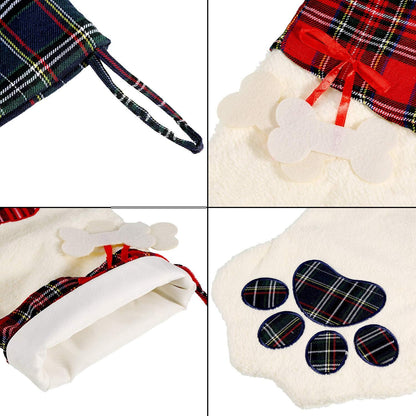 2 Pieces Buffalo Plaid Pet Stockings for Cats and Dogs - Paw Pattern Hanging Christmas Decorations