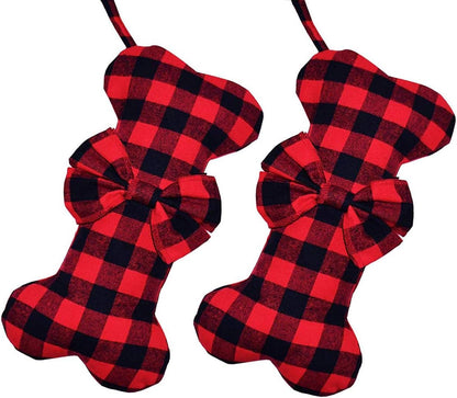 2 Pack Pet Dog Christmas Stockings Classic Buffalo Red Black Plaid Large Bone Shape Hanging Christmas Stocking for Dogs Pets