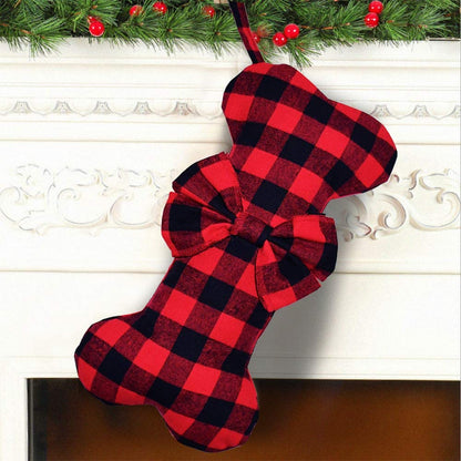 2 Pack Pet Dog Christmas Stockings Classic Buffalo Red Black Plaid Large Bone Shape Hanging Christmas Stocking for Dogs Pets