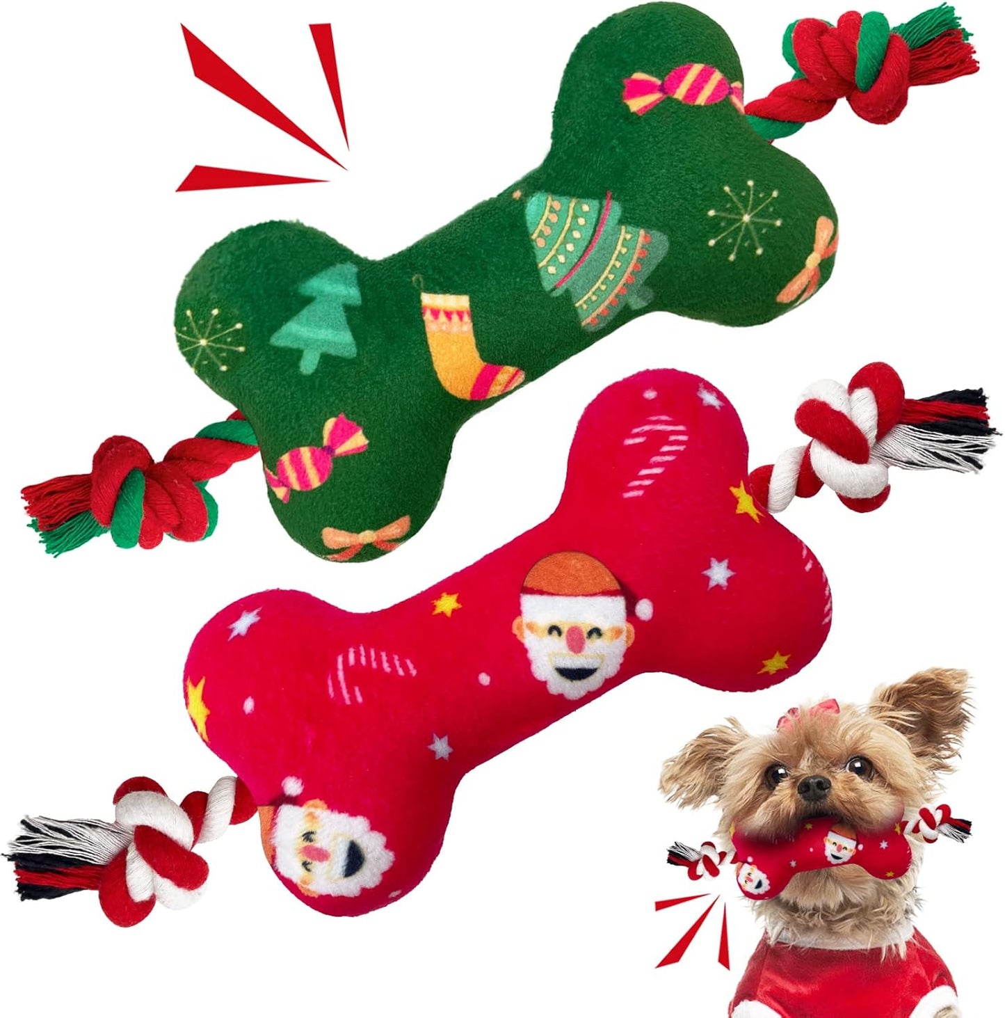 Christmas Dog Toys for Small and Medium Dogs, 2 Pack Soft Squeaky Dog Toys with Cotton Rope, Perfect Christmas Dog Gifts