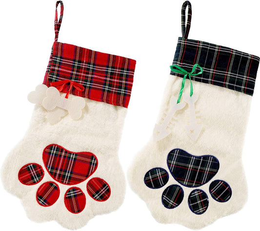 2 Pieces Buffalo Plaid Pet Stockings for Cats and Dogs - Paw Pattern Hanging Christmas Decorations