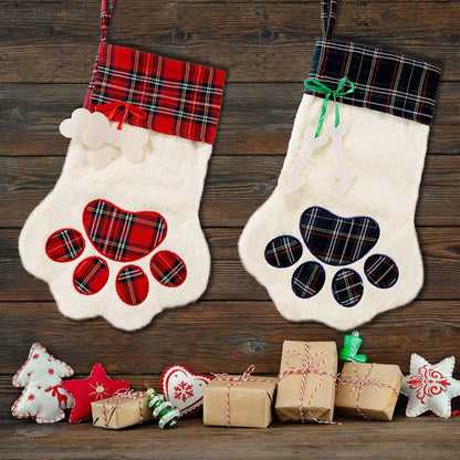 2 Pieces Buffalo Plaid Pet Stockings for Cats and Dogs - Paw Pattern Hanging Christmas Decorations