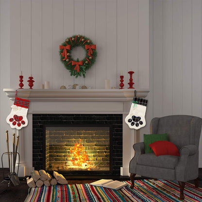 2 Pieces Buffalo Plaid Pet Stockings for Cats and Dogs - Paw Pattern Hanging Christmas Decorations